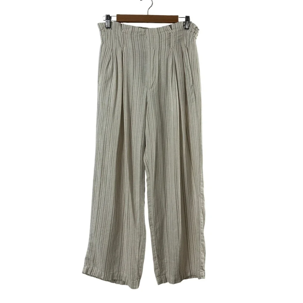 Banana Republic Petite Wide Leg Linen Blend Striped Pants Beige Cream Size 4P
